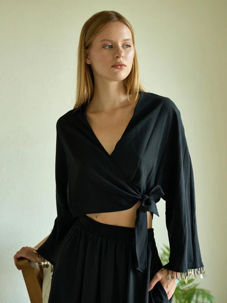 Keten Kol Detaylı Siyah Kimono Bluz - 3