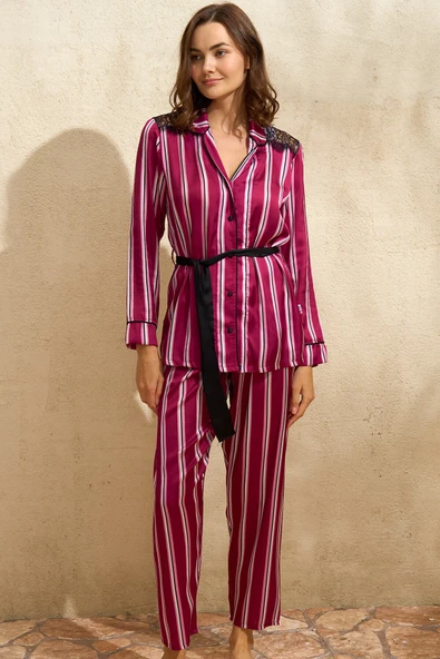 MAN9765 Kadın Saten Çizgili Düğmeli Uzun Kol Dantelli Gömlek ve Pantolon Pijama Takım (9765)