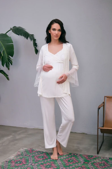 MAN5648 Kadın Viskon Hamile Lohusa Dantelli Sabahlık Önden Açılan Emzirme T-Shirt ve Pantolon Pijama 3lü Takım (5648)