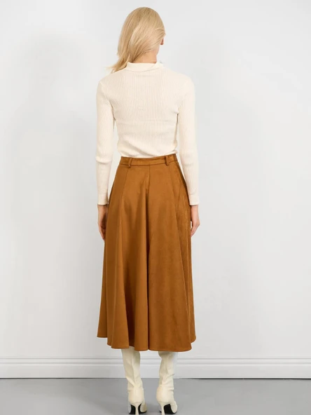 Süet Kloş Dikiş Detay Midi Etek Camel - 8