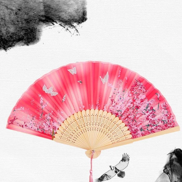 Beluga Yelpaze Bambu Vintage Pembe Kelebekli Çiçekli Şık Püsküllü Japon Yelpaze 0266
