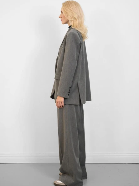 Oversize Düğmeli Blazer Ceket Gri - 6