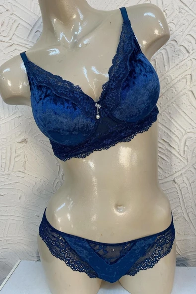 MAN4805 Kadın Kadife Balenli Destekli Dolgulu Dantelli Büstiyer Sütyen ve Slip Takım (4805) - Resim 7