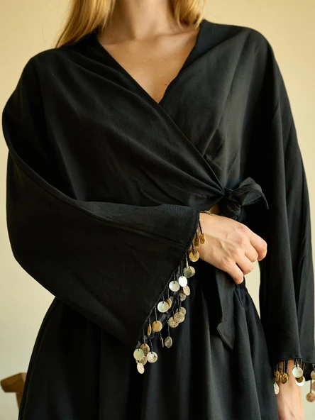 Keten Kol Detaylı Siyah Kimono Bluz - 5