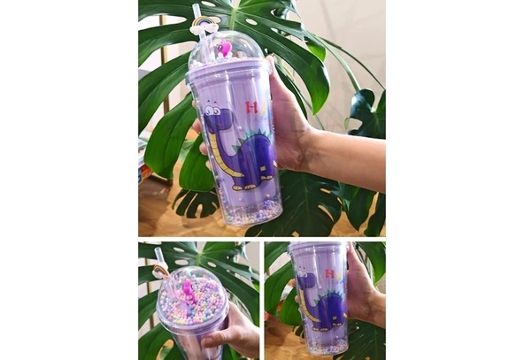 450 ml Suluk Pipetli Matara Pipetli Suluk Karakter Figürlü Sevimli Dino Temalı Çift Katman Mor 2769