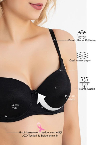 MAN3783 Dolgulu Sütyen Kadın Siyah Push up Balenli Süngerli Günlük Sporcu Kullanım Destekli Basic T-Shirt Sütyeni 3783 - 4