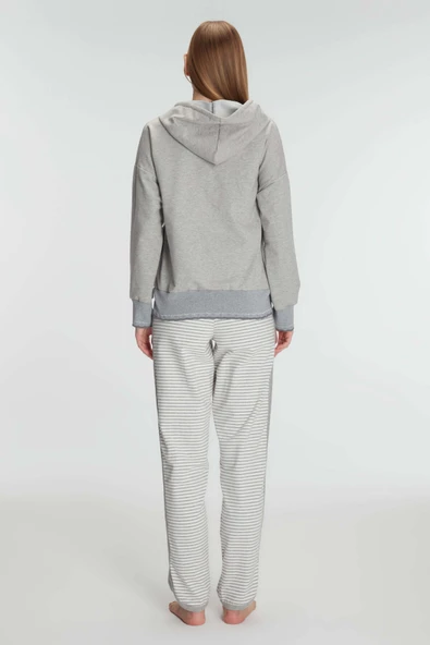 MAN11237 Anıl 11237 Kadın Pamuklu Uzun Kol Fermuarlı Swearshirt Sıfır Kol T-Shirt ve Pantolon Pijama Takım - 2
