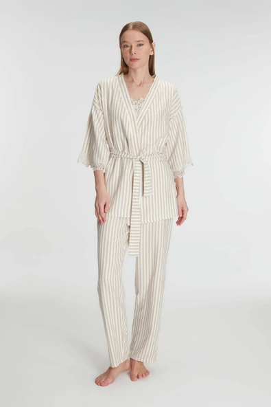 MAN11215 Anıl Kadın 3’lü Sabahlık, Atlet ve Pantolon Takımı Dantel Detaylı, Gecelik Set 11215 - Resim 2