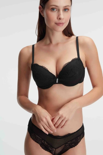 MAN4825 Kadın Balenli Destekli Dolgulu Taşlı Dantelli Sütyen ve Slip Takım (4825) - 3