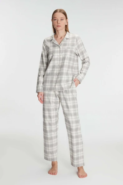 MAN11252 Anıl 11252 Kadın Kare Desenli Pamuklu Gömlek Pijama Takımı