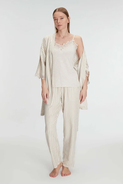MAN11215 Anıl Kadın 3’lü Sabahlık, Atlet ve Pantolon Takımı Dantel Detaylı, Gecelik Set 11215 ürün görseli