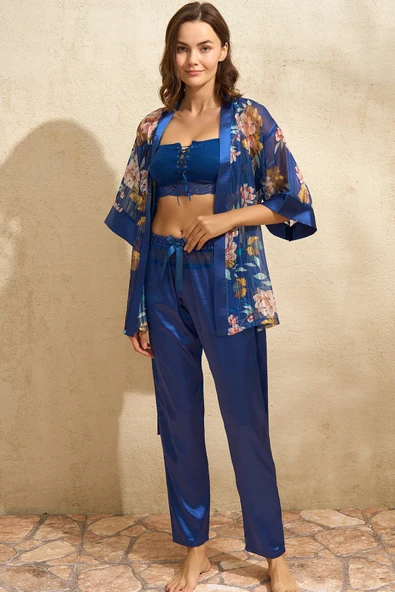 MAN5703 Kadın Tül Çiçek Baskılı Sabahlık Balensiz Desteksiz Dolgusuz Dantelli Büstiyer Sütyen ve Saten Pantolon Pijama 3lü Takım (5703) - 1
