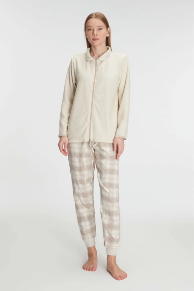MAN11210 Anıl 11210 Kadın Fermuarlı Uzun Kol Sweatshirt Pantolon Takım Viskon ve Pamuklu Pijama Takımı