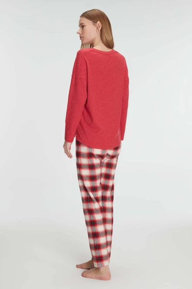MAN11317 Anıl Kadın Pamuklu Kışlık Uzun Kollu Kare Desenli Pijama Takımı Sıcak ve Rahat Ev Konforu 11317 - Resim 3