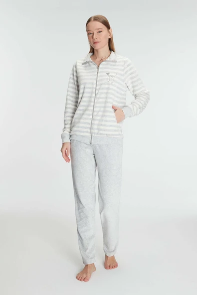 MAN11326 Anıl 11326 Kadın Pamuklu Uzun Kollu Fermuarlı Sweatshirt ve Pantolon Takım Pijama Takımı