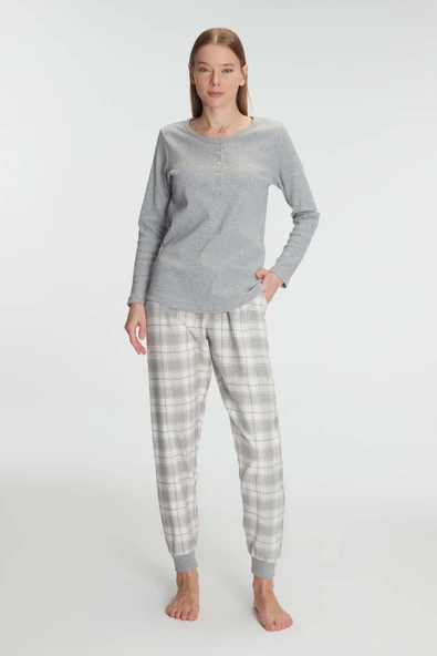 MAN11254 Anıl 11254 Kadın Pamuklu Uzun Kol Pijama Takımı