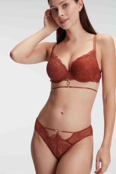 MAN4832 Kadın Balenli Destekli Dolgulu Göbek Detaylı Dantelli Sütyen ve Slip Takım (4832) ürün görseli