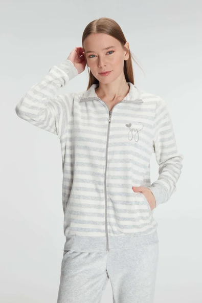 MAN11326 Anıl 11326 Kadın Pamuklu Uzun Kollu Fermuarlı Sweatshirt ve Pantolon Takım Pijama Takımı - Resim 2