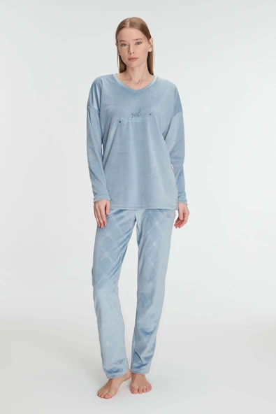 MAN11302 Anıl 11302 Kadın Uzun Kol V Yaka Sweatshirt ve Pantolon Takım Pijama Takımı