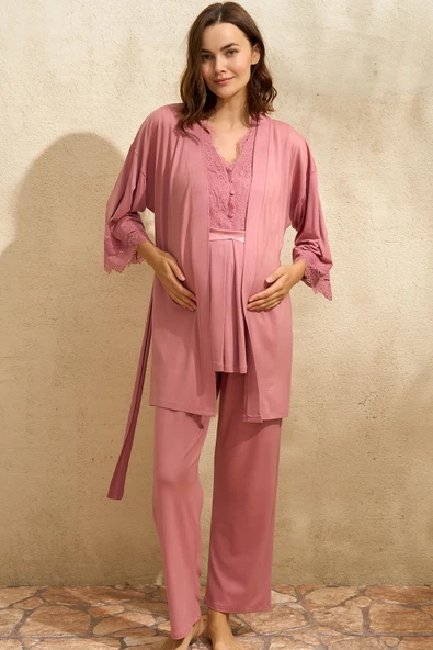 MAN5771 Sıfır Kol V Yaka Kadın Viskon Düz Yazlık Uzun Dantel Detaylı Hamile Pijama Takımı Sabahlık Anıl 5771