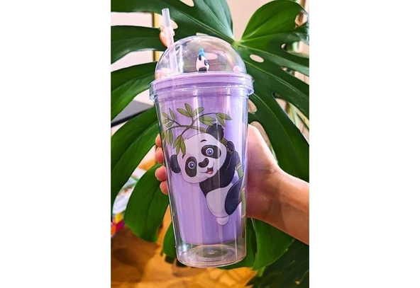 Pipetli Suluk Karakter Figürlü Sevimli Panda Temalı Çift Katman 450 ml Suluk Pipetli Matara Mor 2770 - 2