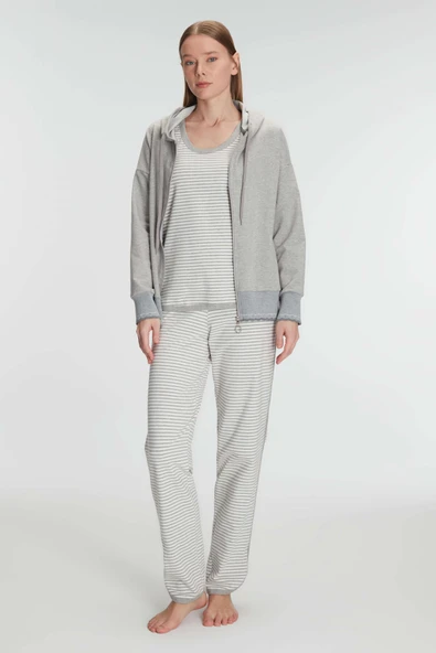 MAN11237 Anıl 11237 Kadın Pamuklu Uzun Kol Fermuarlı Swearshirt Sıfır Kol T-Shirt ve Pantolon Pijama Takım - 1