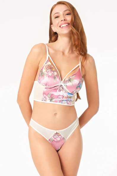 MAN4222 Kadın Kadife Balensiz Desteksiz Dolgusuz Yaka Detaylı Çiçek Baskılı Bralet Sütyen ve Slip Takım (4222)