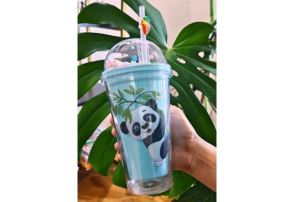450 ML Suluk Pipetli Mika Matara Pipetli Karakter Figürlü Sevimli Panda Temalı Çift Katman Mavi 2770