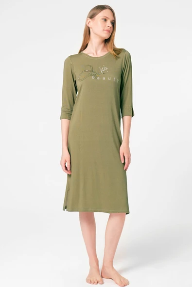 MAN5793 Anıl 5793 Kısa Yarım Kol Bisiklet Yaka Viskon düz Kışlık Örme Nakış Detaylı Gecelik Sabahlık ürün görseli