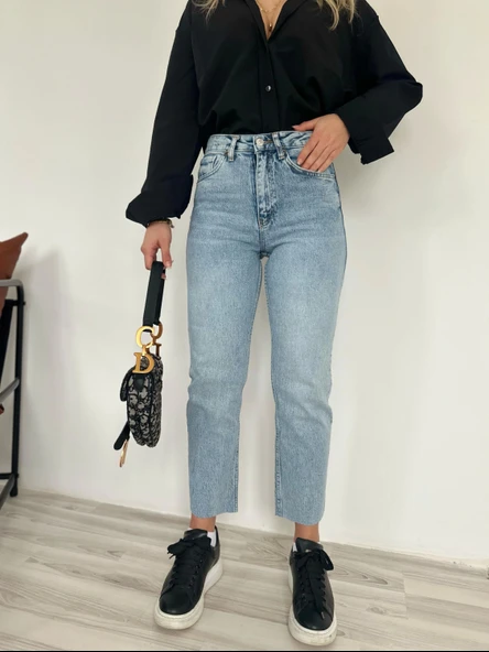 Kadın Kesik Paça Boyfit Jean Mavi - 2