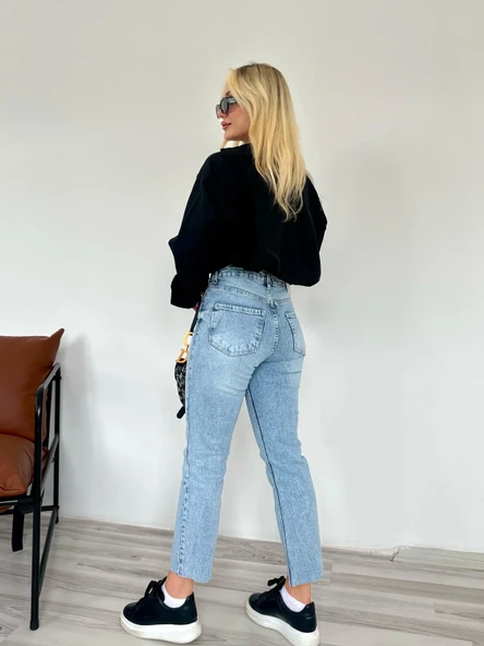 Kadın Kesik Paça Boyfit Jean Mavi - 3