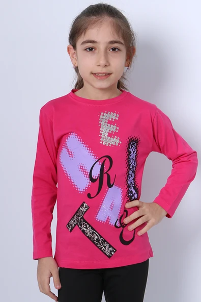 KIZ ÇOCUK UZUN KOLLU TSHİRT PULLU HARF BASKILI BİSİKLET YAKA E9 - 3