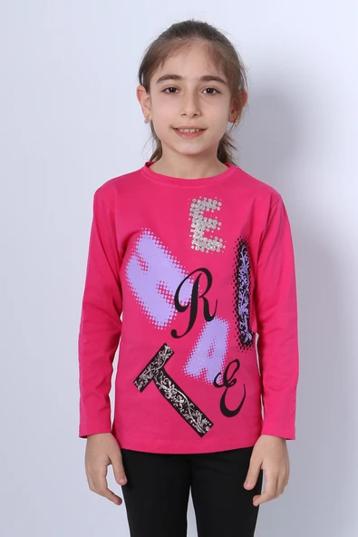 KIZ ÇOCUK UZUN KOLLU TSHİRT PULLU HARF BASKILI BİSİKLET YAKA E9 - 2