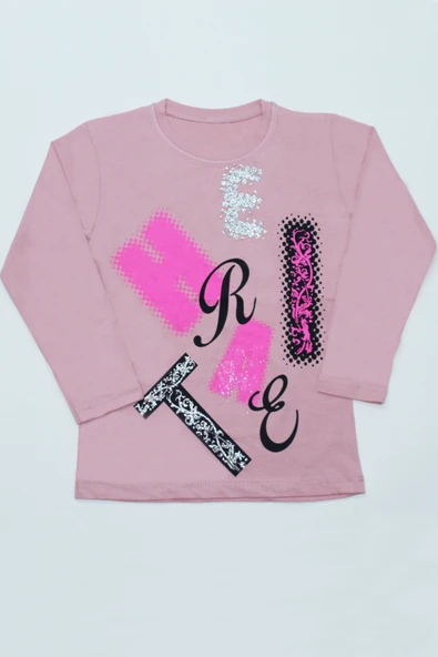 KIZ ÇOCUK UZUN KOLLU TSHİRT PULLU HARF BASKILI BİSİKLET YAKA E9 - 10