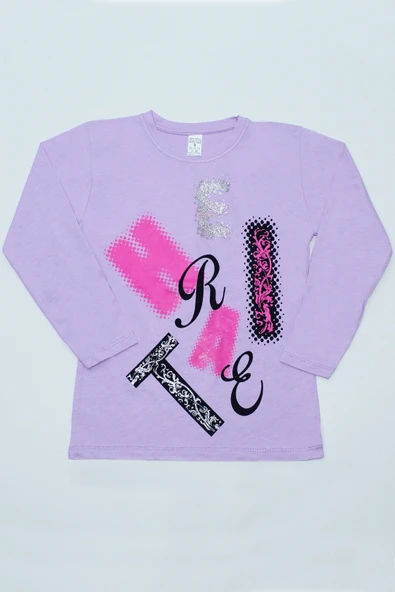 KIZ ÇOCUK UZUN KOLLU TSHİRT PULLU HARF BASKILI BİSİKLET YAKA E9 - 7