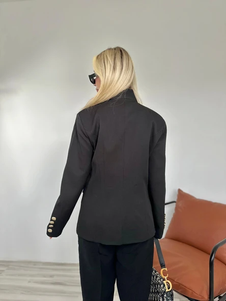 Kadın Gold Düğmeli Hakim Yaka Blazer Ceket Siyah - 4