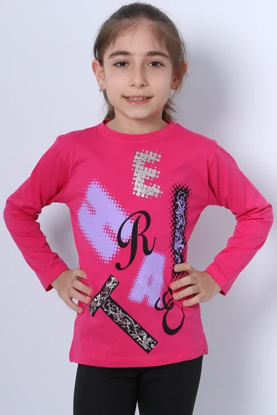 KIZ ÇOCUK UZUN KOLLU TSHİRT PULLU HARF BASKILI BİSİKLET YAKA E9 - 4