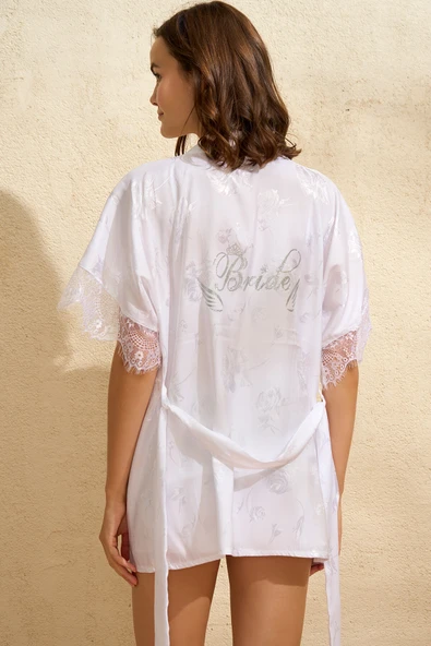 MAN4777 Kadın Saten Bride Baskılı Dantelli Sabahlık Balensiz Desteksiz Dolgusuz Bralet Sütyen ve Şort 3lü Takım (4777) - 2