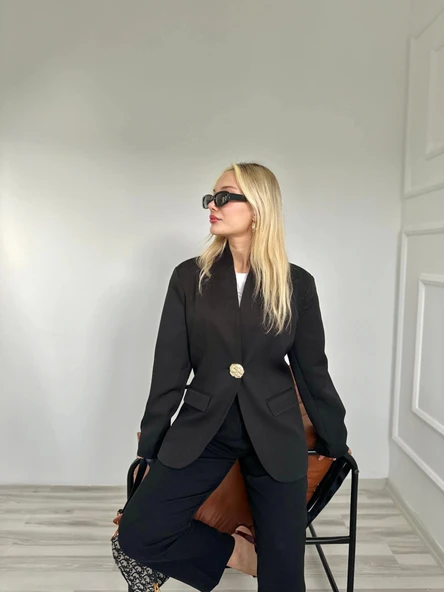 Kadın Gold Düğmeli Hakim Yaka Blazer Ceket Siyah