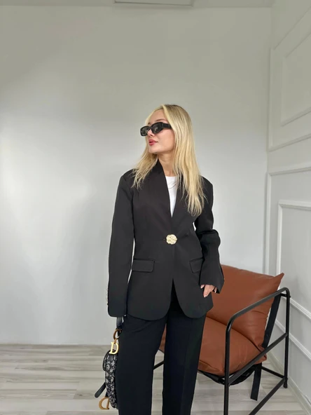 Kadın Gold Düğmeli Hakim Yaka Blazer Ceket Siyah - 2