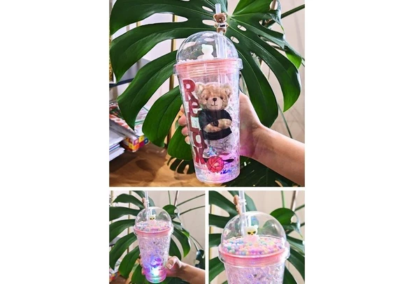 450ML Çift Katman Mika Led Işıklı Buzlu Cam Görünümlü Relax Ayıcık Karakter Suluk Pipetli Pembe 2768