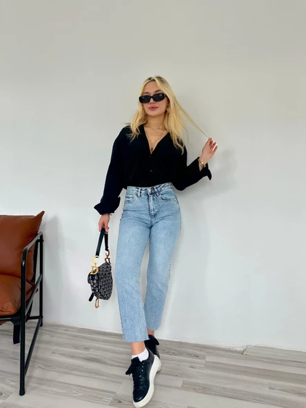 Kadın Kesik Paça Boyfit Jean Mavi - 4