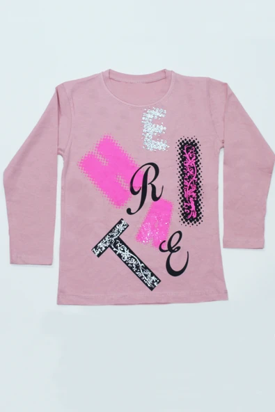 KIZ ÇOCUK UZUN KOLLU TSHİRT PULLU HARF BASKILI BİSİKLET YAKA E9 - 11