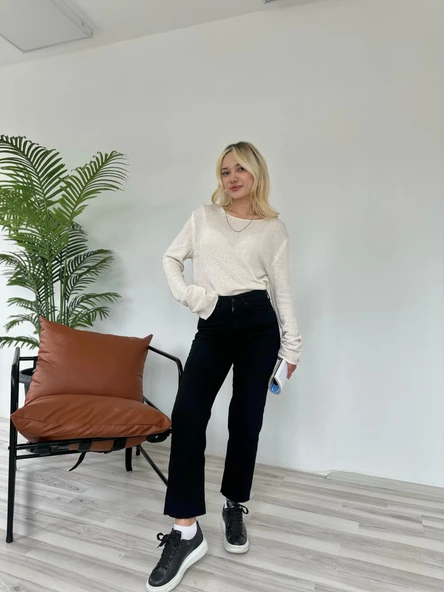 Kadın Kesik Paça Boyfit Jean Siyah - 3