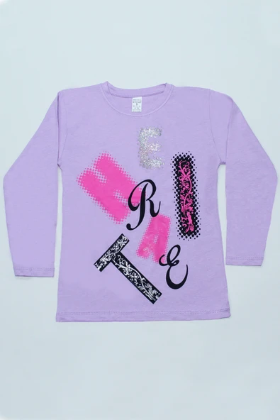 KIZ ÇOCUK UZUN KOLLU TSHİRT PULLU HARF BASKILI BİSİKLET YAKA E9 - 8