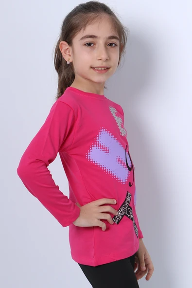 KIZ ÇOCUK UZUN KOLLU TSHİRT PULLU HARF BASKILI BİSİKLET YAKA E9 - 5