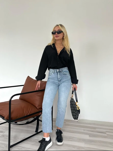 Kadın Kesik Paça Boyfit Jean Mavi