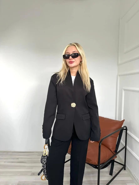 Kadın Gold Düğmeli Hakim Yaka Blazer Ceket Siyah - 3