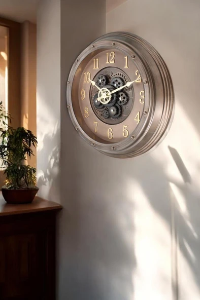 Efe Mark Premium Serisi Antik Eskitme Kadranlı Döner Çarklı Ev ve Ofis Duvar Saati Kabartma Latin Rakamlı 40 CM Bronz - Resim 3