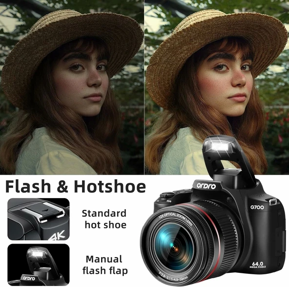 ORDRO 4K 64MP Vlog Kamerası, 12X Optik Zoom - Fotoğrafçılık Otomatik Odakla - 4